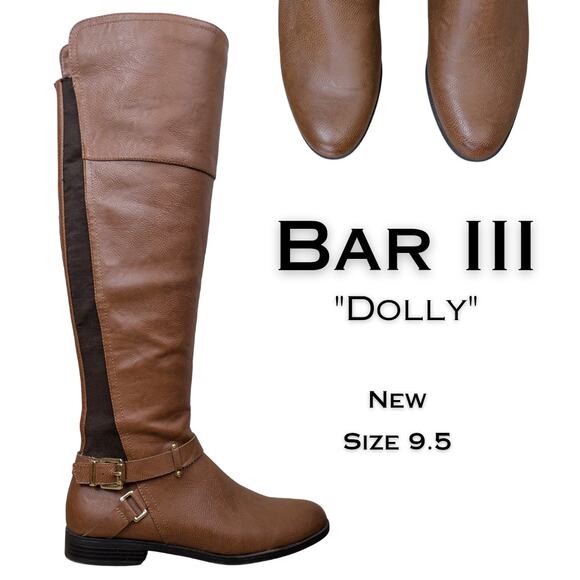 NEW Bar III Dolly Riding Boots 9.5 Brown Knee High Faux Leather Buckle Classic - Picture 1 of 12
